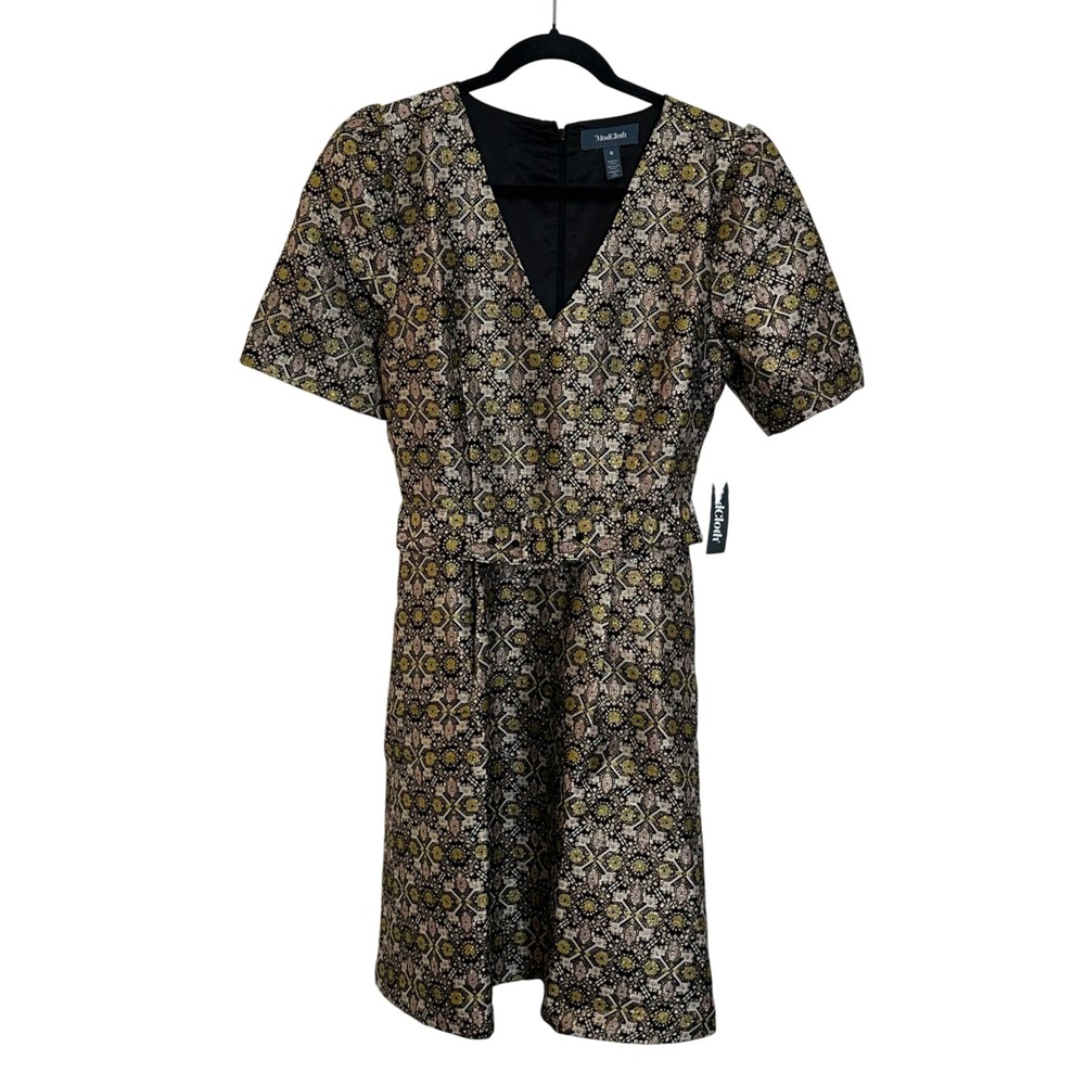 ModCloth Metallic Brocade Fit & Flare Dress Size‎ 8 Black Gold Geometric NEW